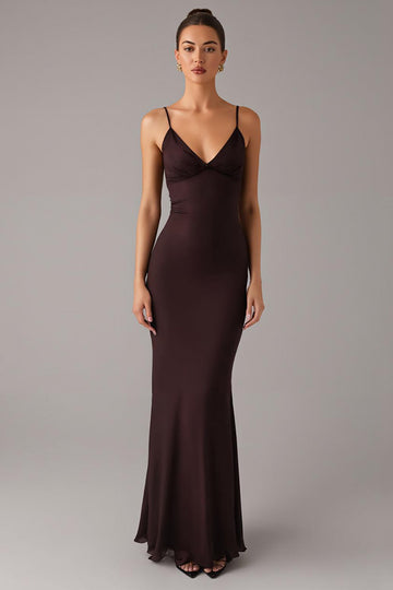 Robe formelle à bretelles spaghetti sirène marron